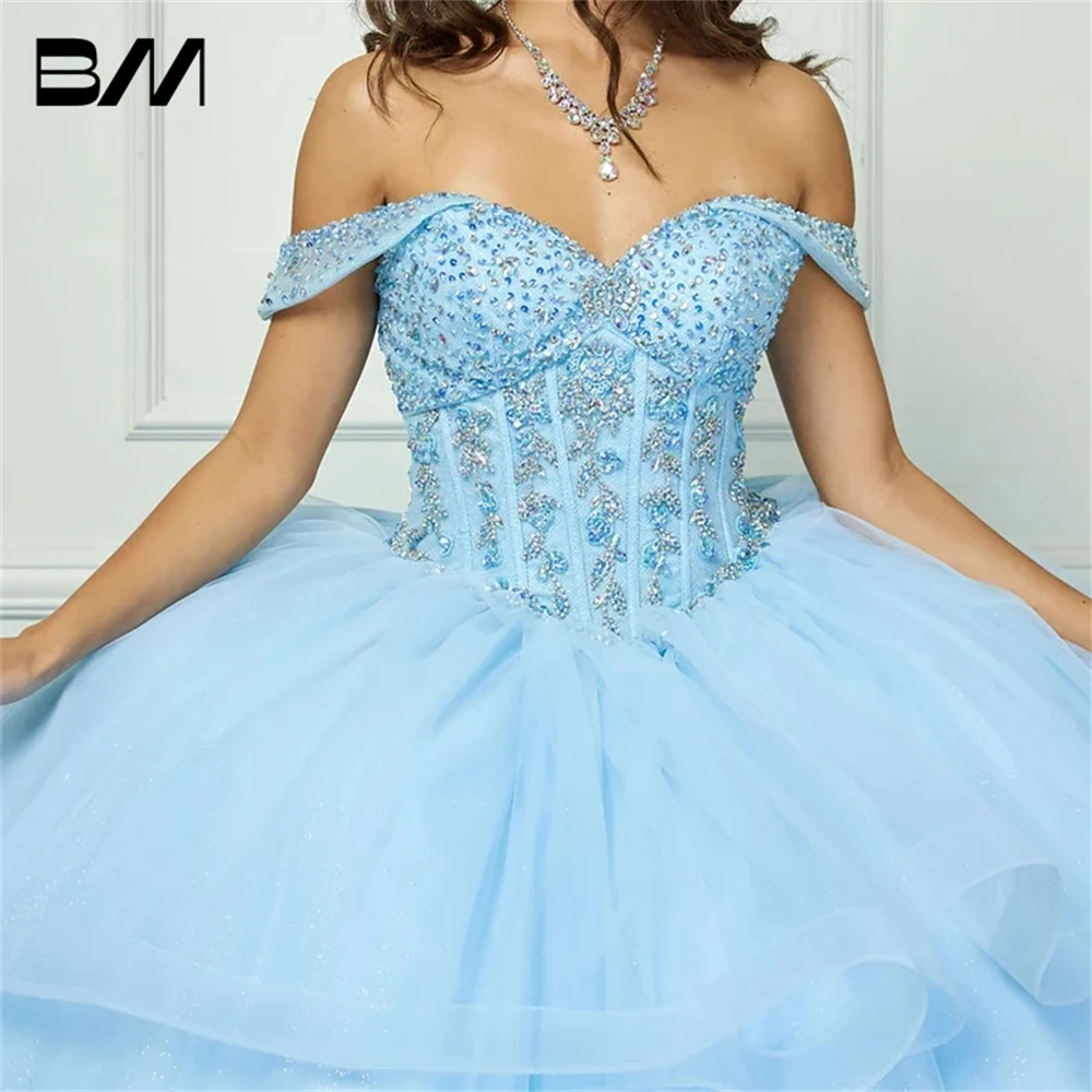 Vestido de Quinceañera con capas de tul brillantes, corpiño con hombros descubiertos, adornos, corsé con hombros descubiertos, vestido de cóctel, graduación, Gwon