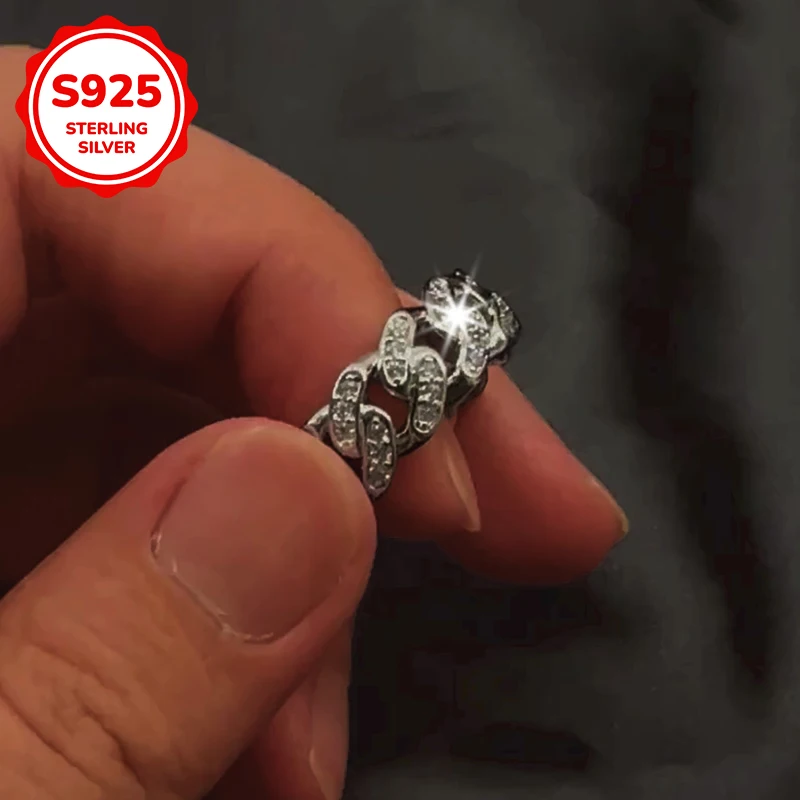 

A 925 sterling silver men's ring inlaid with synthetic zircon hip-hop punk Cuban chain, a fashionable and trendy gift for men