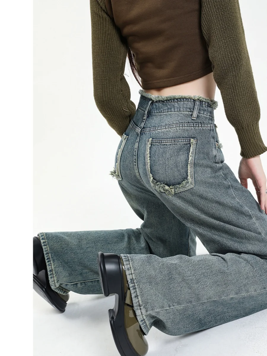 2025 Vintage Distressed-Jeans mit weitem Bein für Damen, Frühling und Sommer, neue lockere Passform, schlankmachende, drapierte Hose mit geradem Bein Wh6