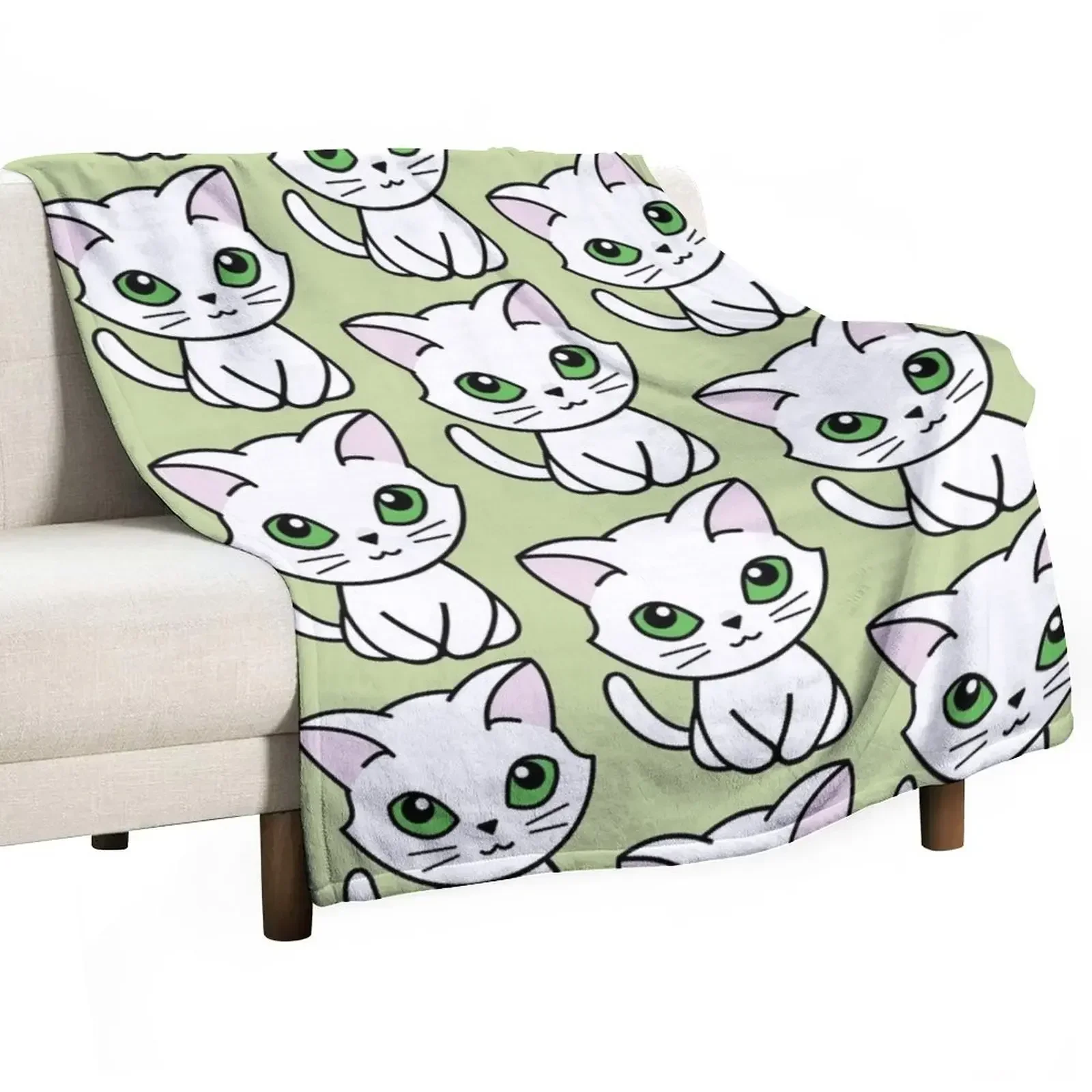 

White Cat - Green Eyes Throw Blanket Flannels Personalized Gift Shaggy Blankets