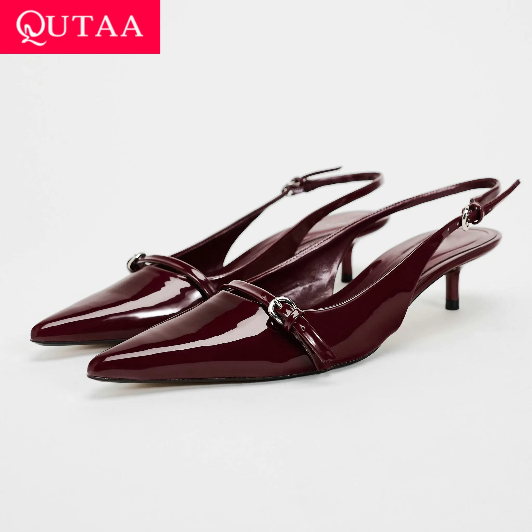 QUTAA 2025 Women Pumps Shoes Summer Sexy Pointed Toe Slingbacks Party Sandals Shoes Patent Leather Mid Heels Wedding Woman 34-42