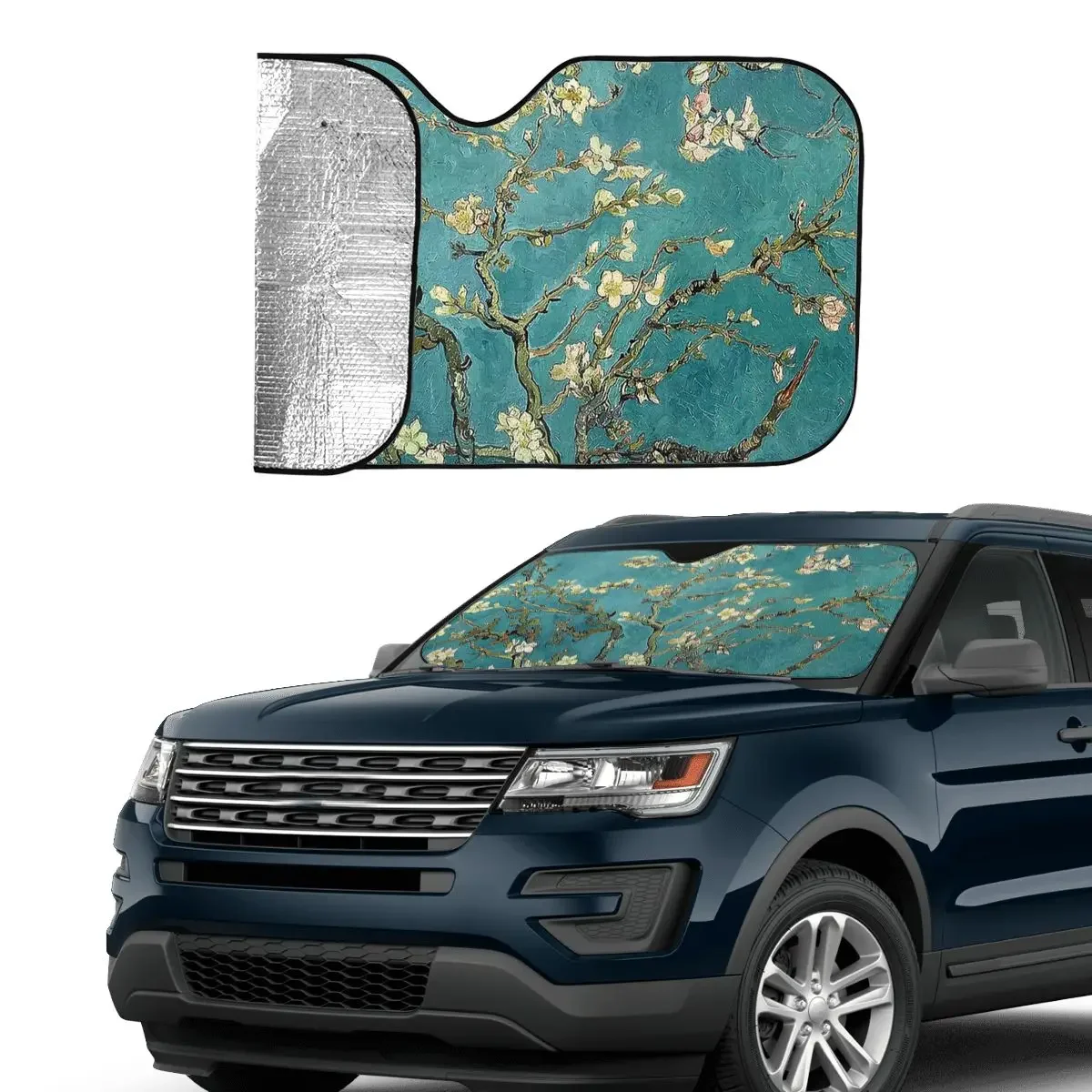 Original Van Gogh Art Restored Blossoming Almond Tree Novelty Windshield Sunshade Aluminium Foil Car Sunshade Sun Shade Protect