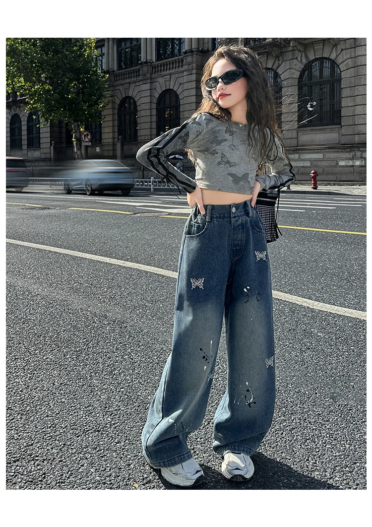 Neue Kinder-Modejeans mit Schmetterlingen für Mädchen, Stylische Gerade Denim-Hosen, Kinder-Teenager-Jeans im Loose-Stil – Detail 2