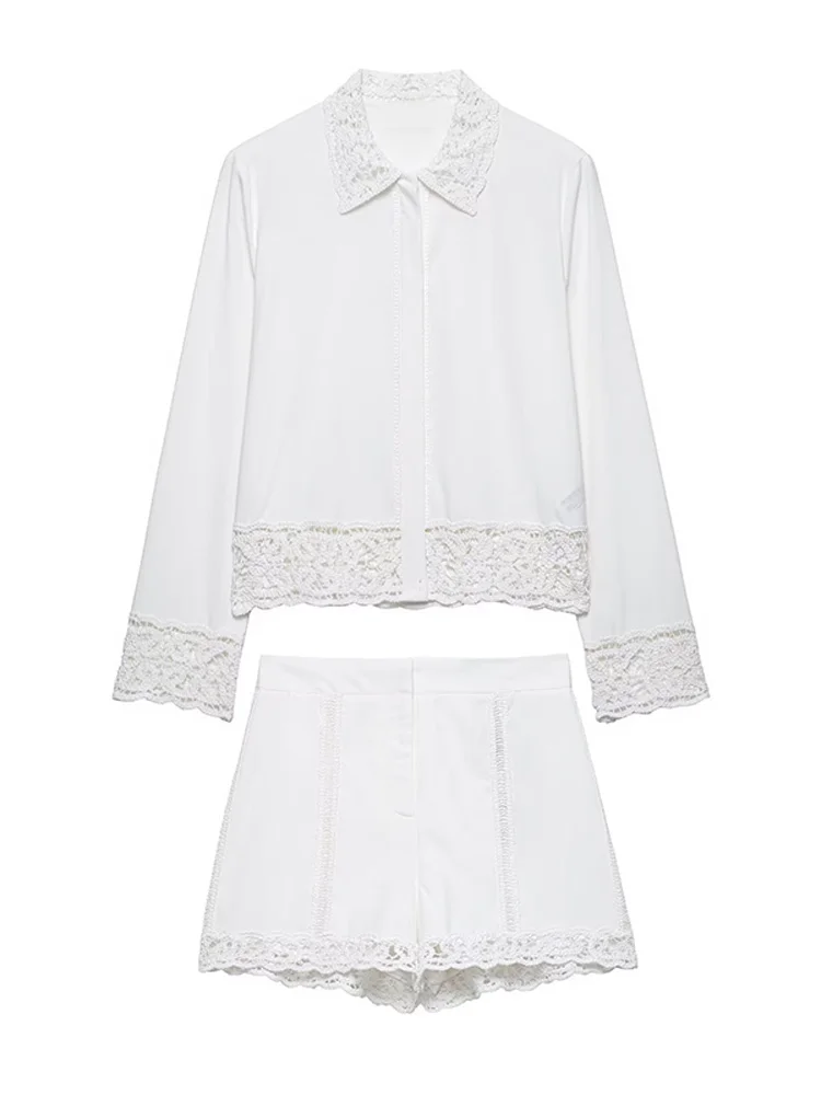 Embriodery レースショーツセット綿ブラウスシャツスーツ女性ラペルヴィンテージ中空アウトトップスオフィスレディースブラウス 2 枚セット