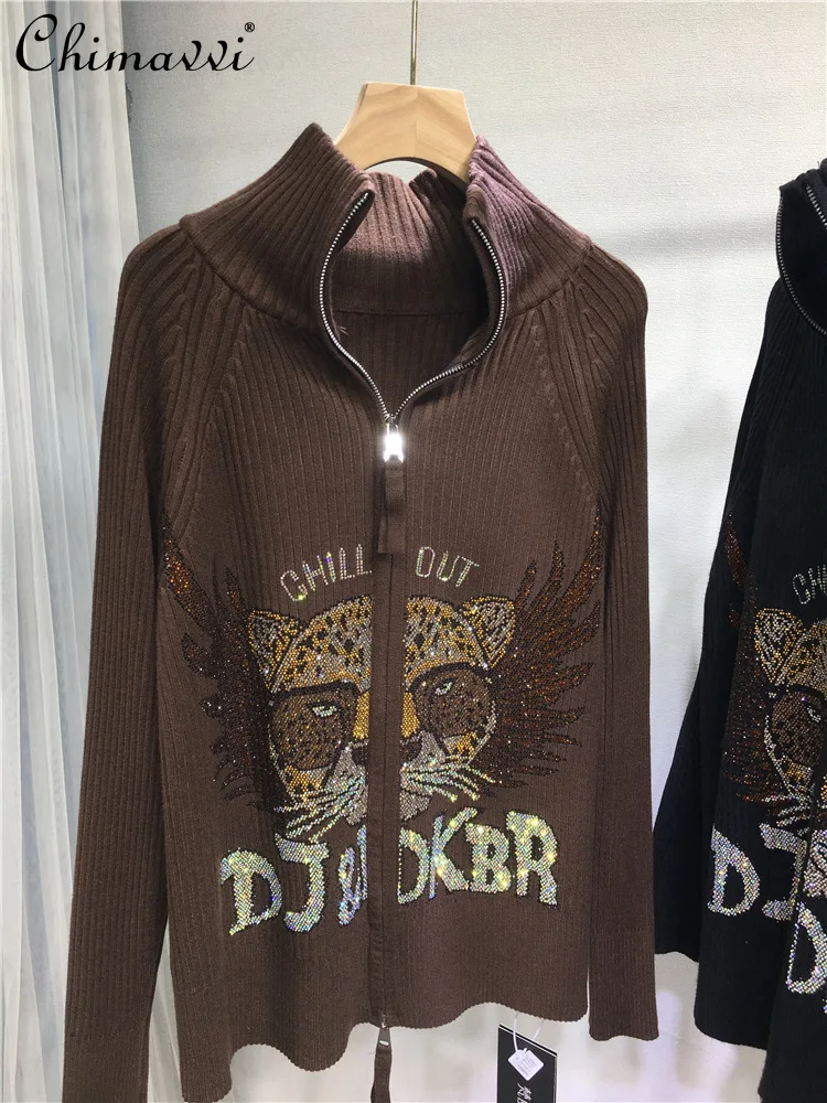 

European Heavy Rhinestone Leopard Cardigan Autumn Fashion Long Sleeve Zipper Knit Sweater Black Half Turtleneck Long Sleeve Top