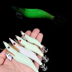 HENGJIA Leurres de calmar lumineux Glow Wood Shrimp with Octopus Squid Jig Hooks Cuttlefish Fishing Lure 2.0# 2.5# 3.0# 3.5#