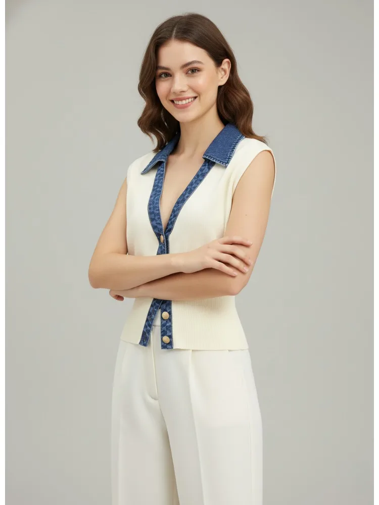 เสื้อกั๊กถักสีขาวสำหรับผู้หญิง แบรนด์ Bonboho แต่งปกเดนิมตัดต่อ ทรงครอป ติดกระดุม สไตล์เรโทรลำลองสำหรับฤดูร้อน รุ่นใหม่ปี 2026