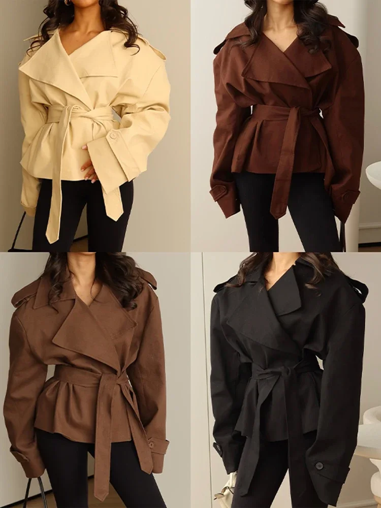 Damenmäntel mit Einfarbigem Revers und Gürtel, Kurze Trenchcoat-Jacke für den Frühling, Weiblicher Epaulet-Mantel mit Langen Ärmeln und Knöpfen, Schlanker Schnitt, Neue Damen-Oberbekleidung – Detail 19