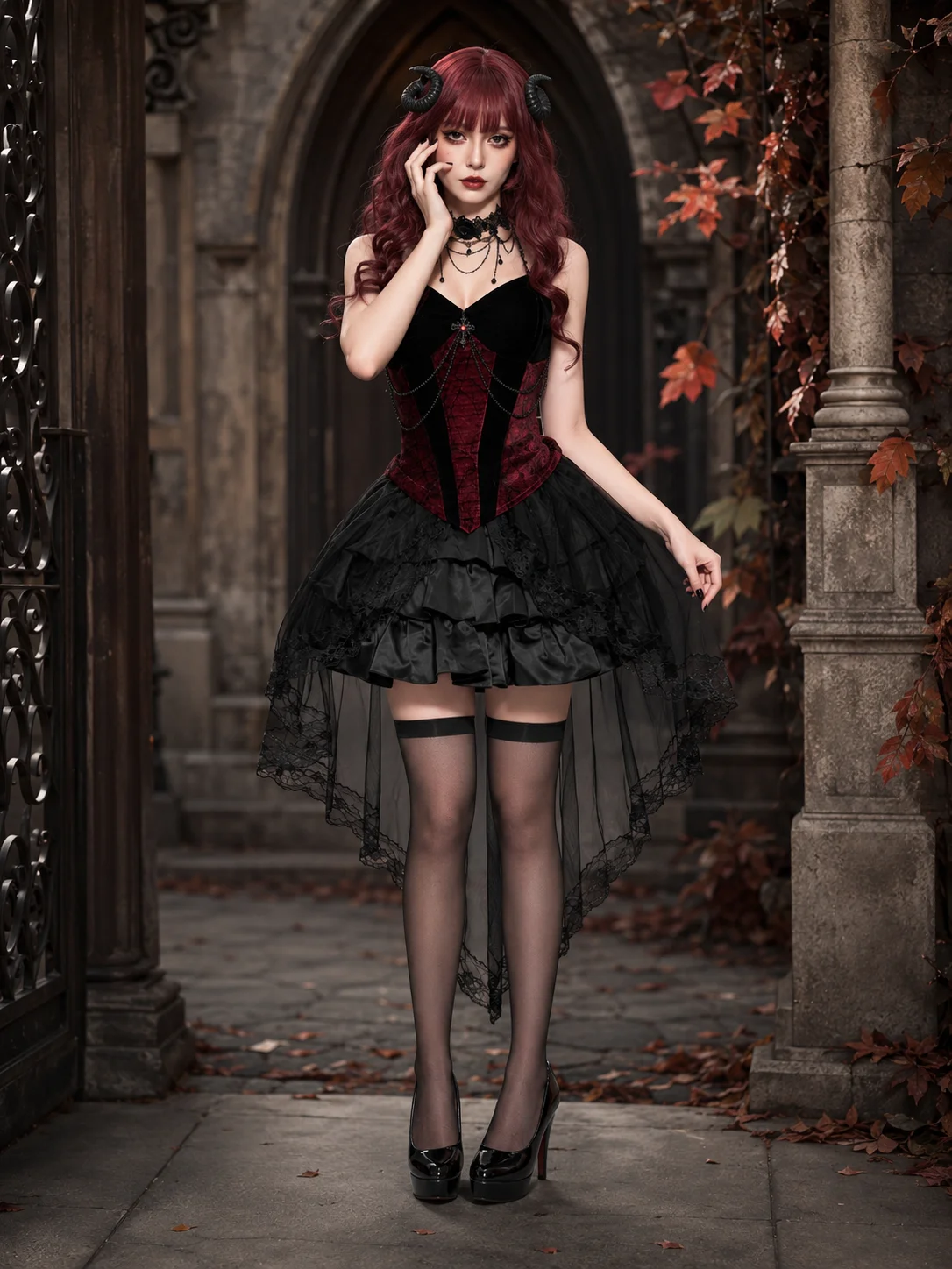 Disfraz de Reina Vampiro Gótica Oscura para Mujer, Vestido Corsé de Terciopelo Negro Borgoña sin Tirantes con Cadena de Gemas Rojas, Volantes en Capas, Dobladillo de Tul y Encaje Asimétrico para Halloween, Cosplay, Carnaval, Fiesta Temática, Disfraz de Fantasía, Juego de Roles, disfraz gótico, disfraz de vampiro, disfraz de demonio