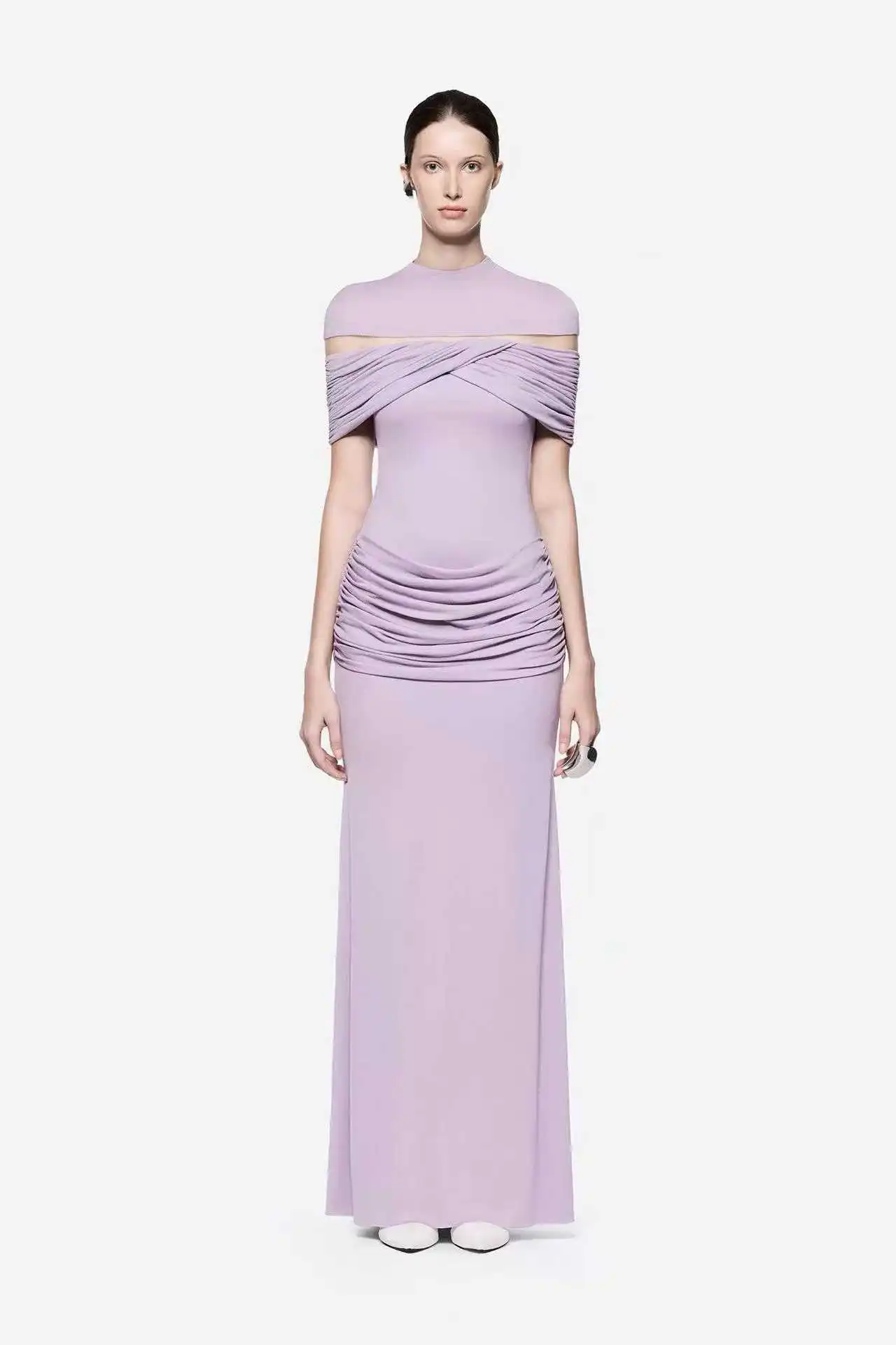 

High Quality 2026 Women Multi-Color Off Shoulder Ruched Maxi Dress Mesh Cutout Bodycon Formal Evening Party Wedding Guest Gown