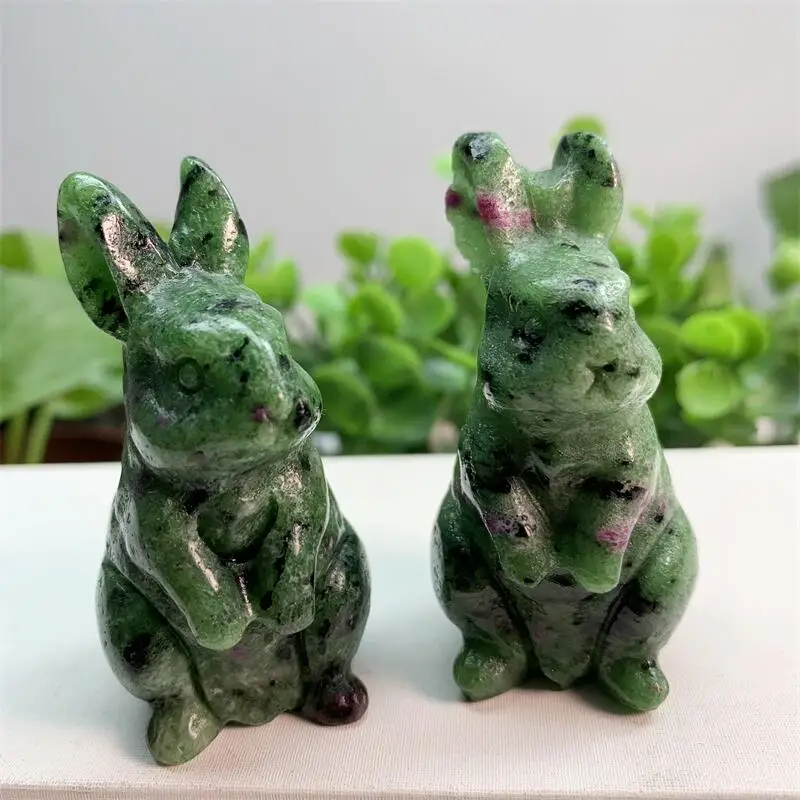 6cm Natural Ruby In Zoisite Rabbit Crystal Carving Crafts Healing Lucky Stone Home Decoration Gift Healthy Children Toy 1pcs