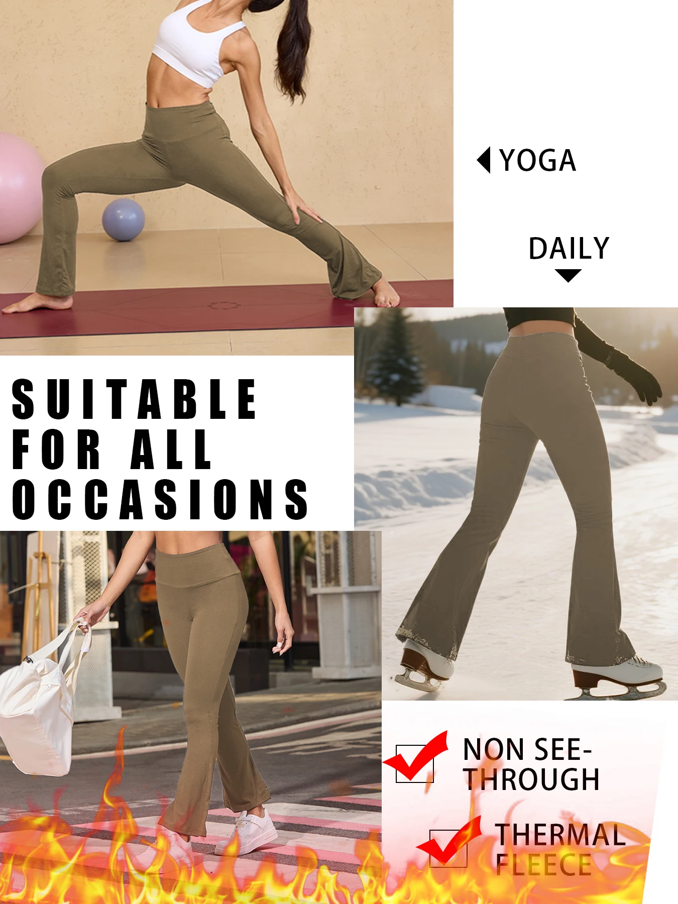 Leggings con forro polar para mujer, pantalones acampanados súper suaves de cintura alta con función de control de barriga. Ropa informal Ocio en casa