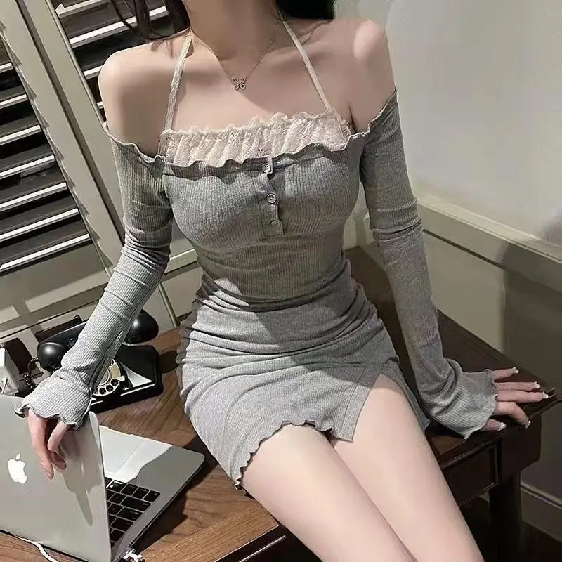 Grey Sexy Elegant Slim Dress Women Patchwork Vintage Fashion Party Mini Dress Female Open Fork Korean Designer Dress 2023 New