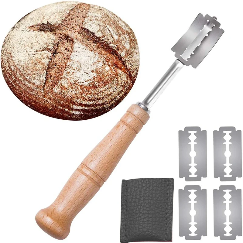 Premium Stainless Steel Bread Lame with 5 Replacement Blades Curved Baguette Bread Cutter with Wooden Handle
