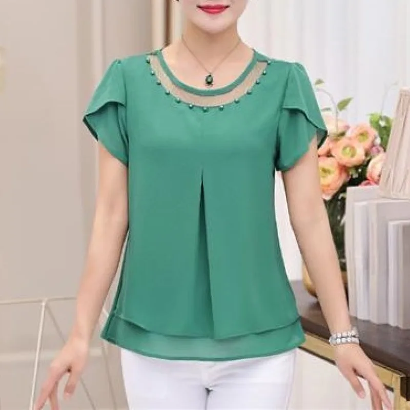 Women\'s Tshirt Summer Short Sleeve Large Chiffon Fashion Crew Neck Gauze Hollow Out Patchwork Blouse Loose Fashion Elegant Tops