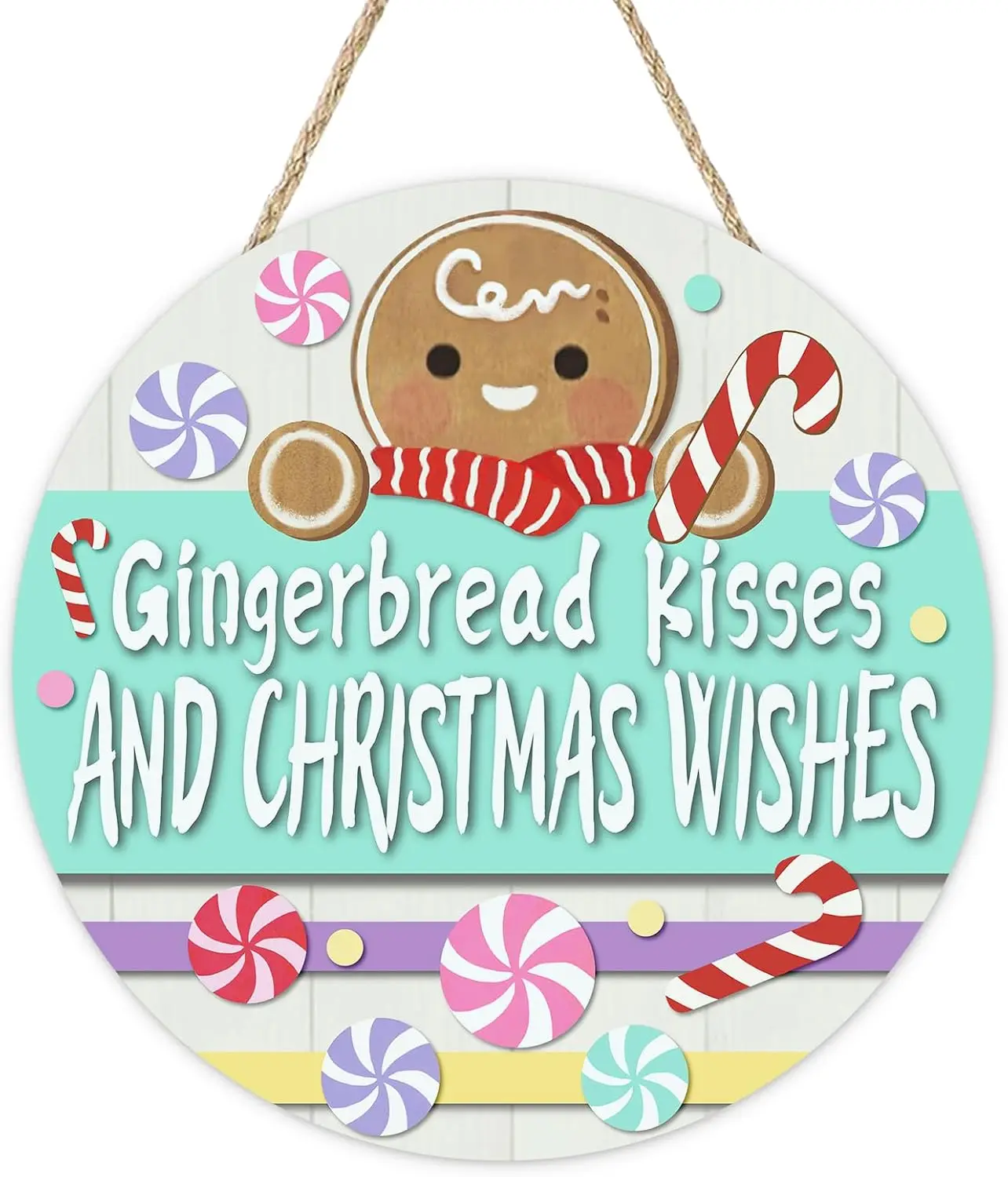 Gingerbread Kisses and Christmas Wishes Front Door Sign, Xmas Peppermint Candy Wood Hanger Outdoor Porch Home Decor
