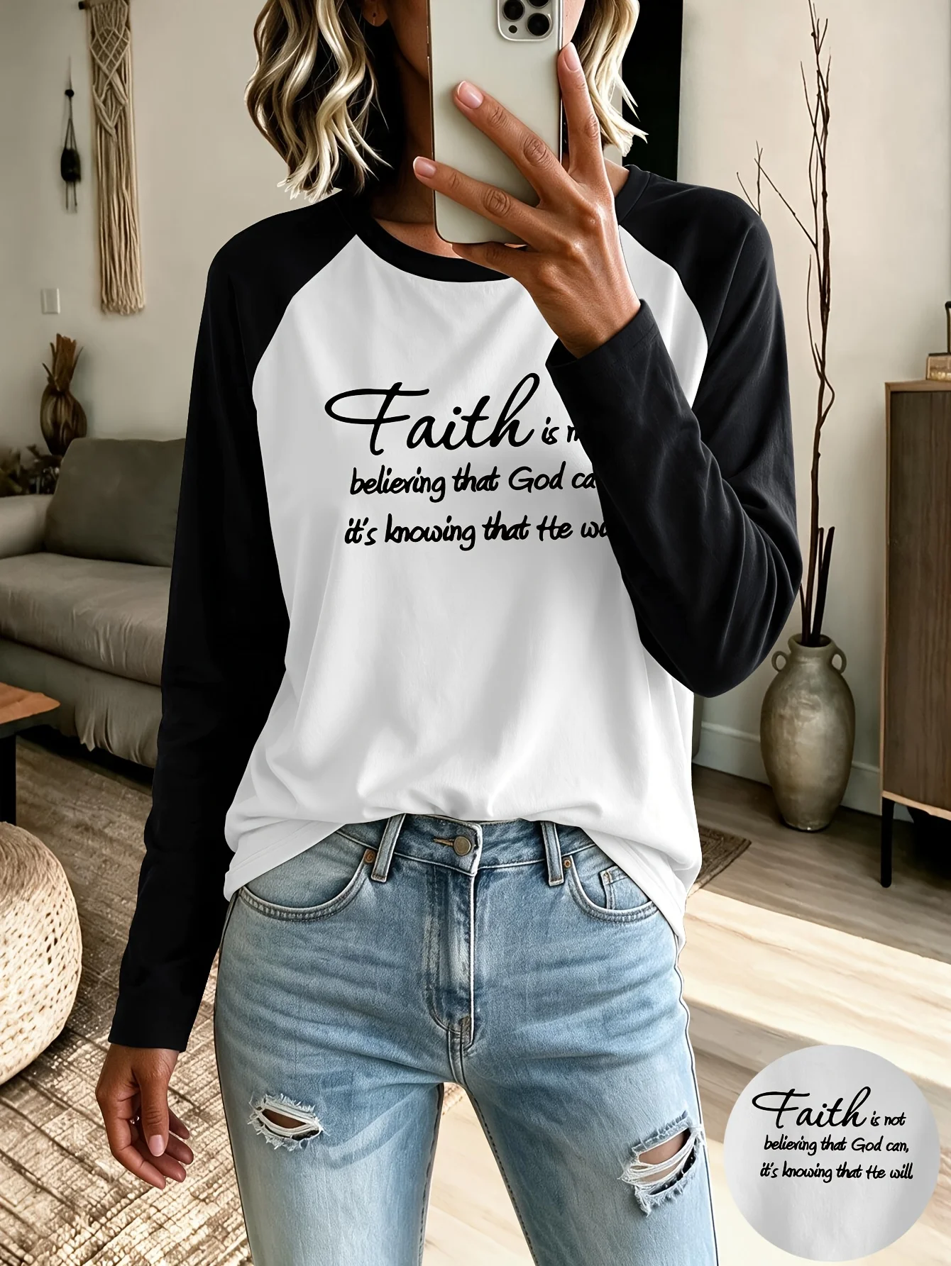 Women's Raglan Long Sleeve T-Shirt with Religious Lettering and Motivational Phrases Print Casual Vintage T Shirt Clothes Outfit