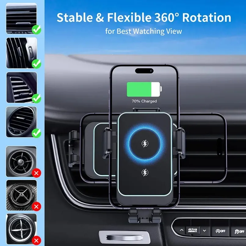 360° Rotation Stable Air Vent Wireless Fast Charging Car Phone Holder For Magsafe iPhone 12-17 Pro Max Android Auto Daily Use
