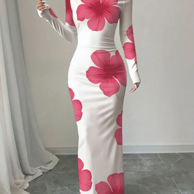 Floral Maxi Dress Women Long Sleeve Bodycon Slim Fit White Pink Flower Print One Shoulder Party Club Spring Summer Vestidos