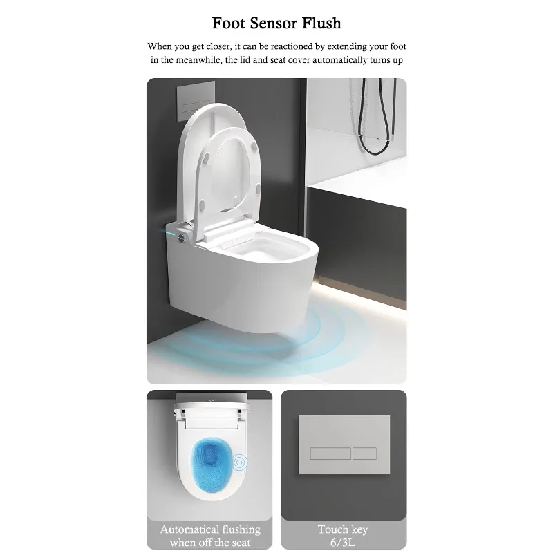 โถสุขภัณฑ์แบบติดผนังพร้อมถังเก็บน้ำในตัว ระบบอัตโนมัติ ไม่ใช้ถังน้ำ  แบบอัจฉริยะ