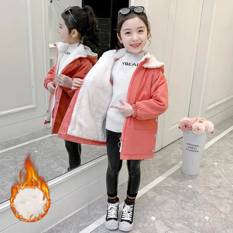 ZOETOP Winter Children Girl Thicken Cotton Jacket School Girl Plus Velvet Hooded Zipper Parkas Tops Junior Girl Warm Parkas Coat