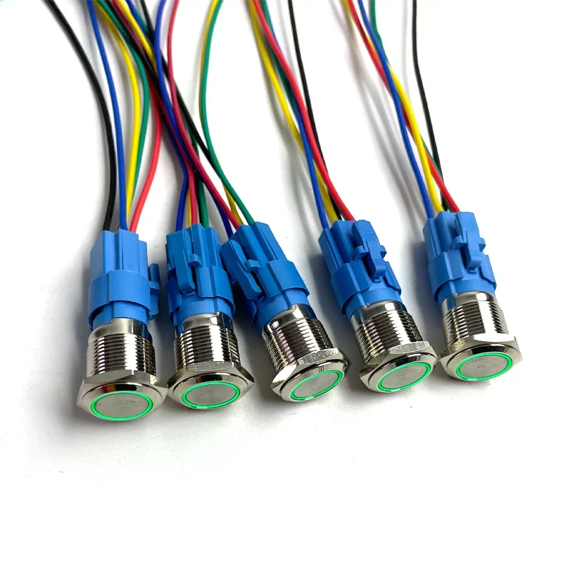5 Stück Metall-Drucktastenschalter 12V 16mm 19mm 22mm Ringlampe Stromsymbol Wasserdicht LED-Licht Selbstverriegelnd Rücksetzbar mit Anschluss 220