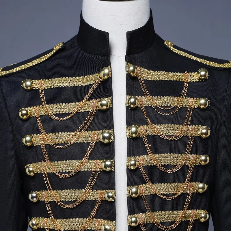 2025 Fashion Mens Military Dress/suit Jacket,bar Nightclub DJ Black and Red with Metal Chain European Court Performance Clothing