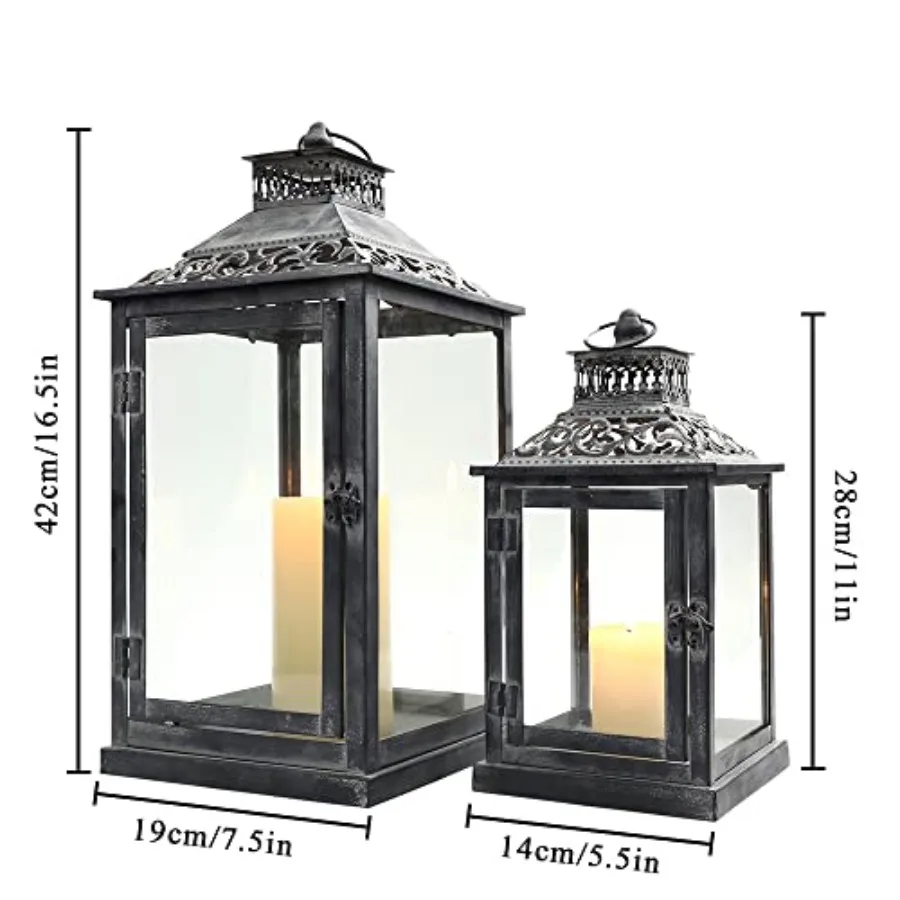 Set of 2 Antique Grey Brush Decorative Lanterns Metal Candle Lanterns for Indoor Outdoor Events Paritie and Weddings Vintage St