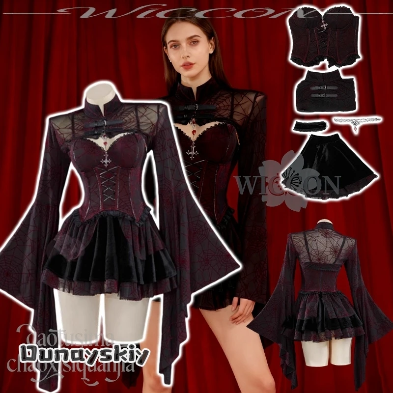 

Halloween Christmas Activities Original Design Gothic Red Black Velvet Spider Web Pattern Strap Mini Dress Dream ZS@