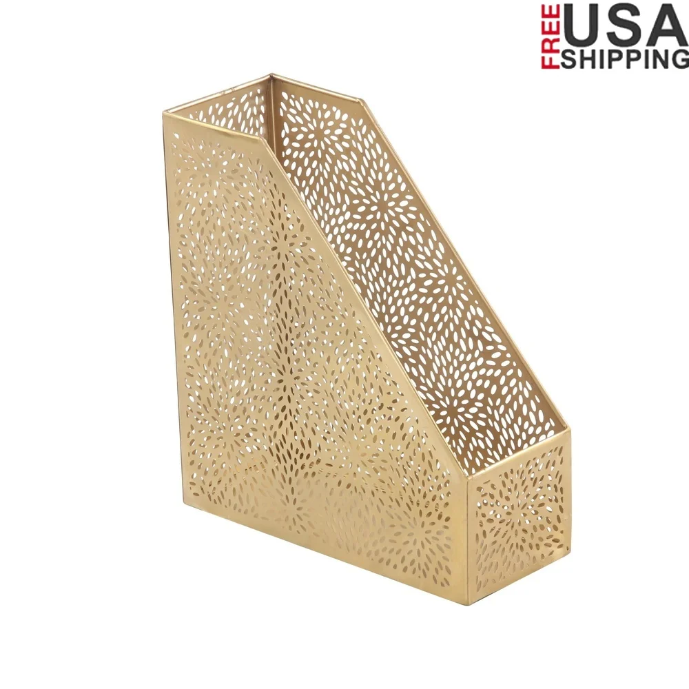 

Gold Metal Magazine Holder Floral Design Chic Organizer Indoor Use Lightweight Iron Rectangular Storage 12 Inch Home Decor Gift