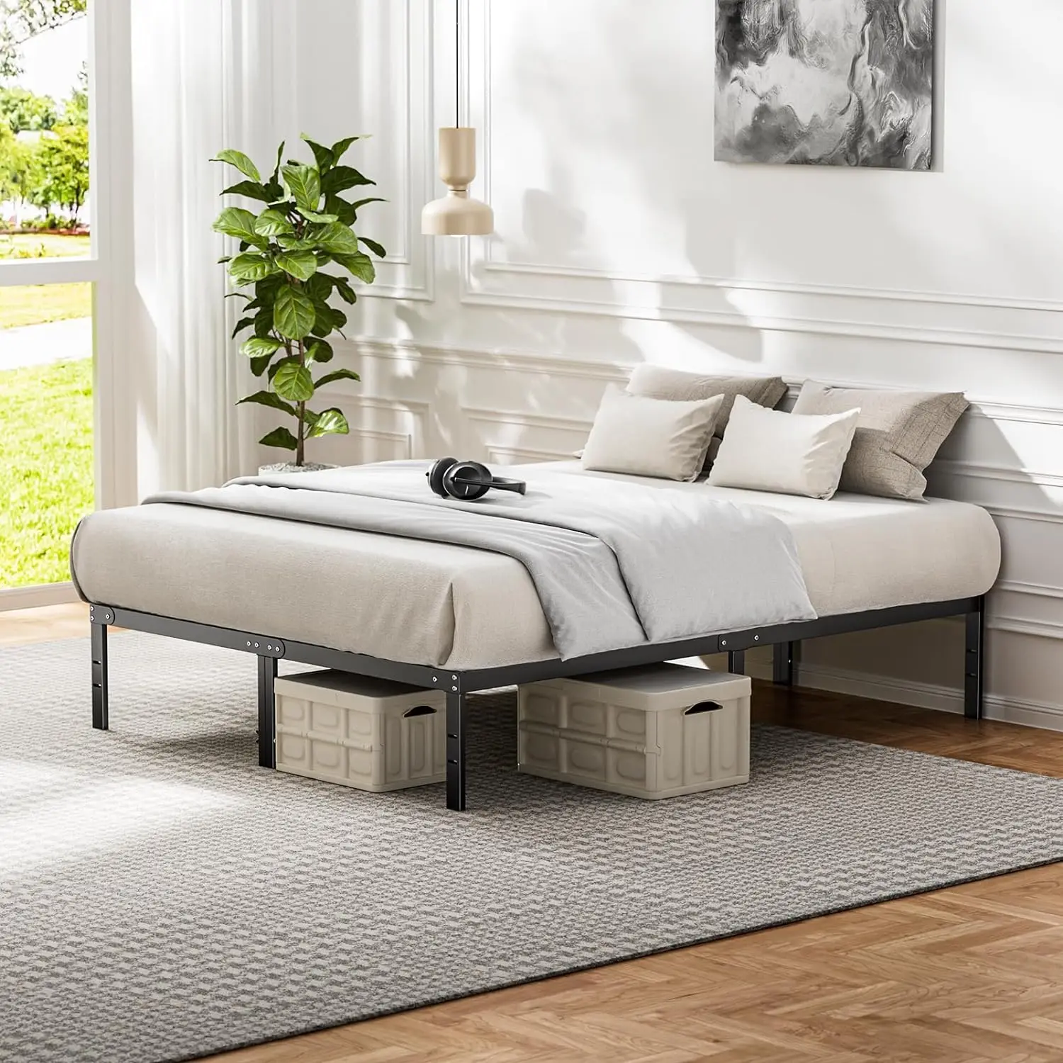 Dumos Bedframe-Queen Size Platform Bed Frame Metalen Matras Fundering Met Stalen Lamellensteun, Geen Boxspring Nodig,
