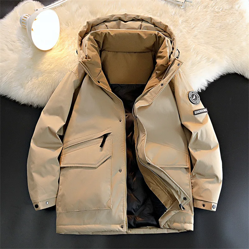 2024 New Winter Down Jacket Men's Workwear Down Jacket with Thickened Fleece and Warm Collar Hooded Men's Outerwear Clothing