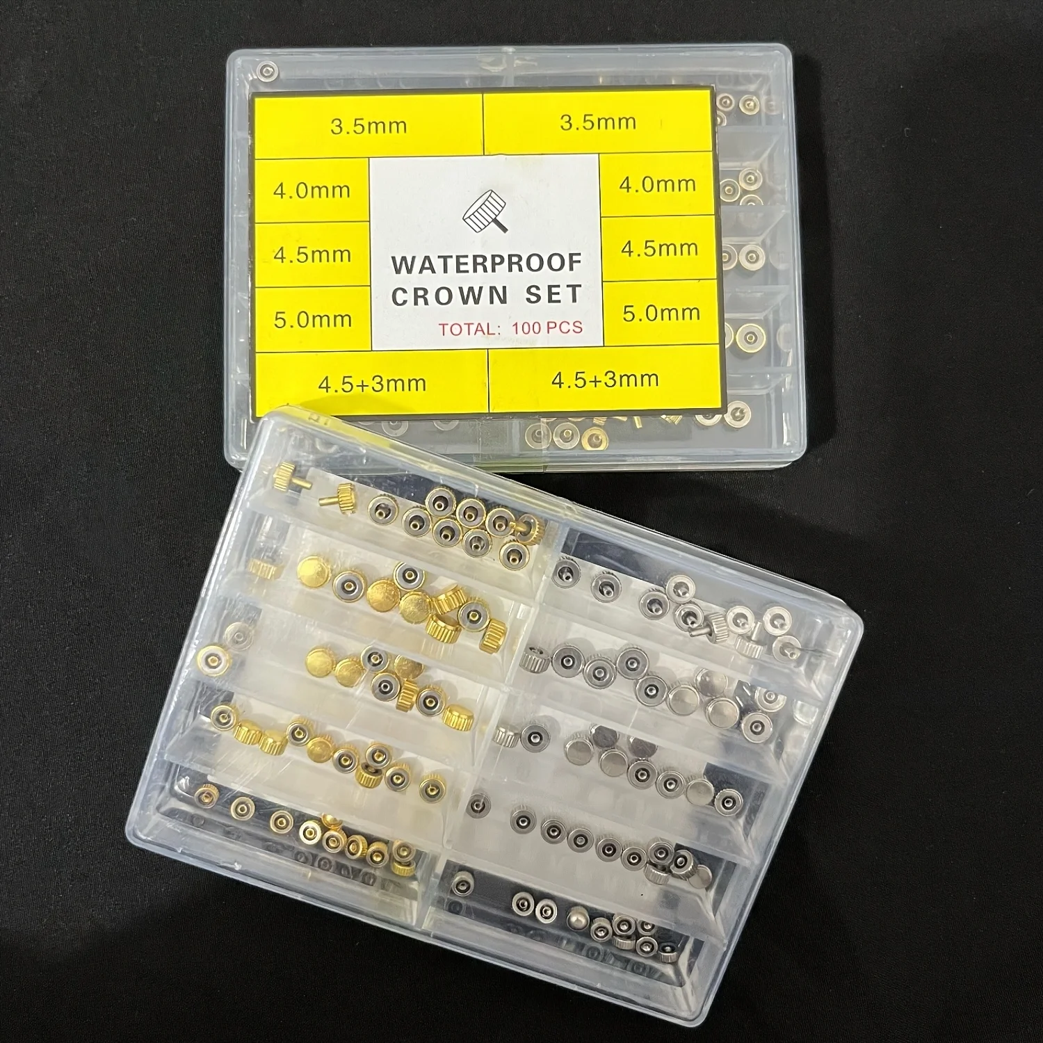 Fotografia 4: Venda quente! Conjunto de coroa de relógio à prova d'água 100pcs/300pcs, vários tamanhos para reparo de relógio