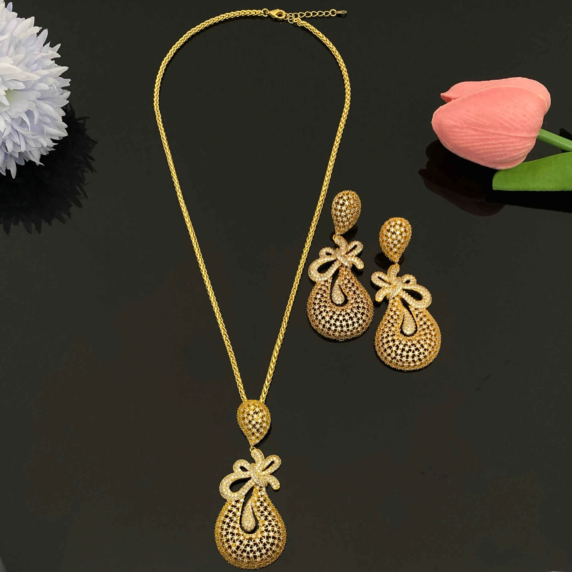 JRH Gold Plated Copper Zircon Women's Elegant Necklace Earrings Set Romantic Jewelry Gift for Valentine's Day