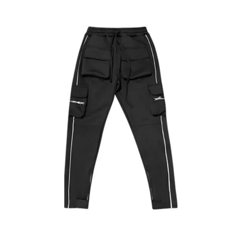 Spring and Autumn Mens Overalls Fashion Brand Elastic Multi-pocket Reflective Straight Sports Fitness Casual Pants