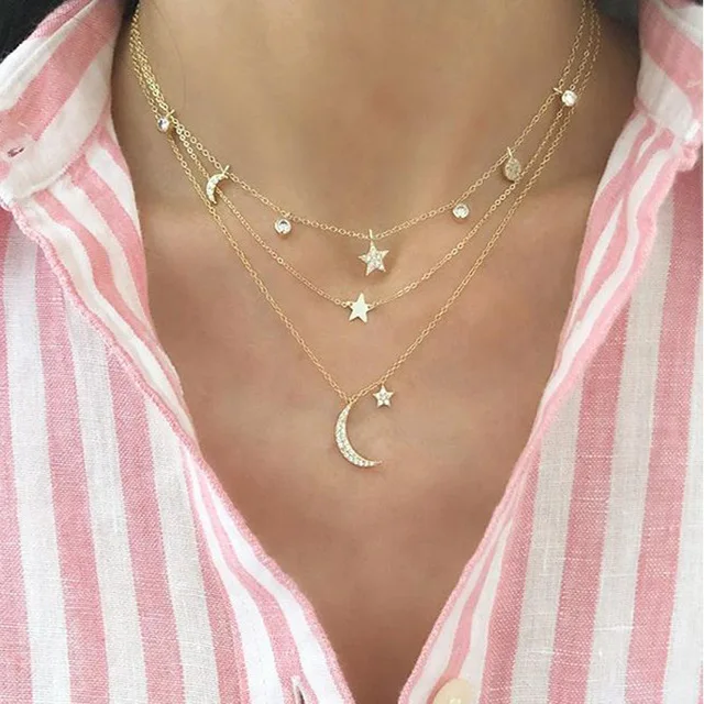 Fashion New Crystal Star Pendant Necklaces For Women Multilevel Long Geometry Chain Vintage Necklace Jewelry Gift X0137