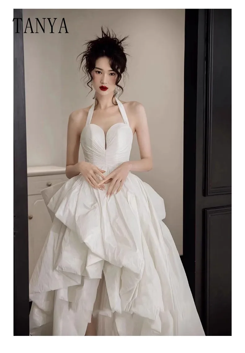 Vestido de novia Alto y Bajo con cola de lazo desmontable, romántico, sin mangas, cuello Halter, tafetán, vestidos de baile de novia