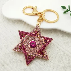 Hexagram Star of David Blessing Keychain for Women Men Pink Rhinestone Gold Color Jewish Key Chains Jewelry chaveiro K9646S01