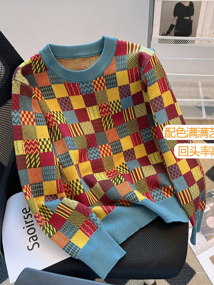 Women's Plaid Pullover Sweater Harajuku Y2k Long Sleeves O-Neck Sweaters 90s Aesthetic Vintage 2000s Fashion Clothes Autumn 2024