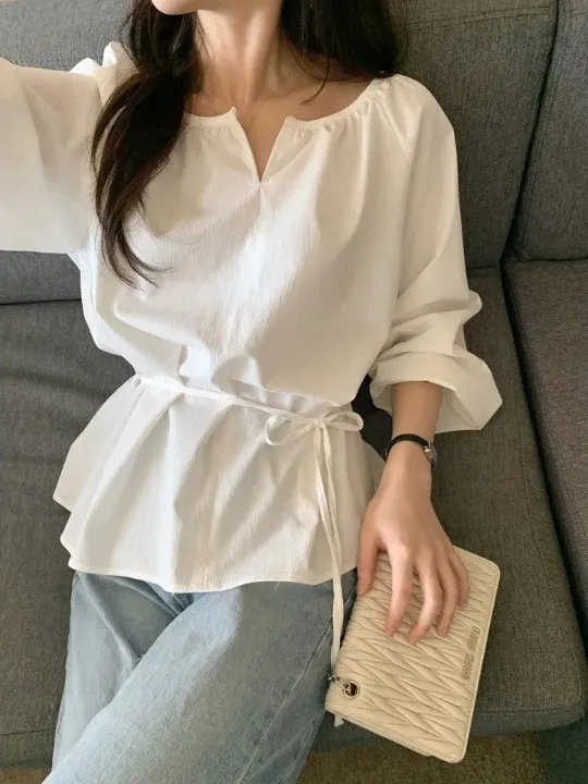 

Стильная весенне-летняя свободная блузка с V-образным вырезом и поясом на талии, повседневная, универсальная, с защитой от солнца, для поездок на работу, с длинными рукавами, однотонная.