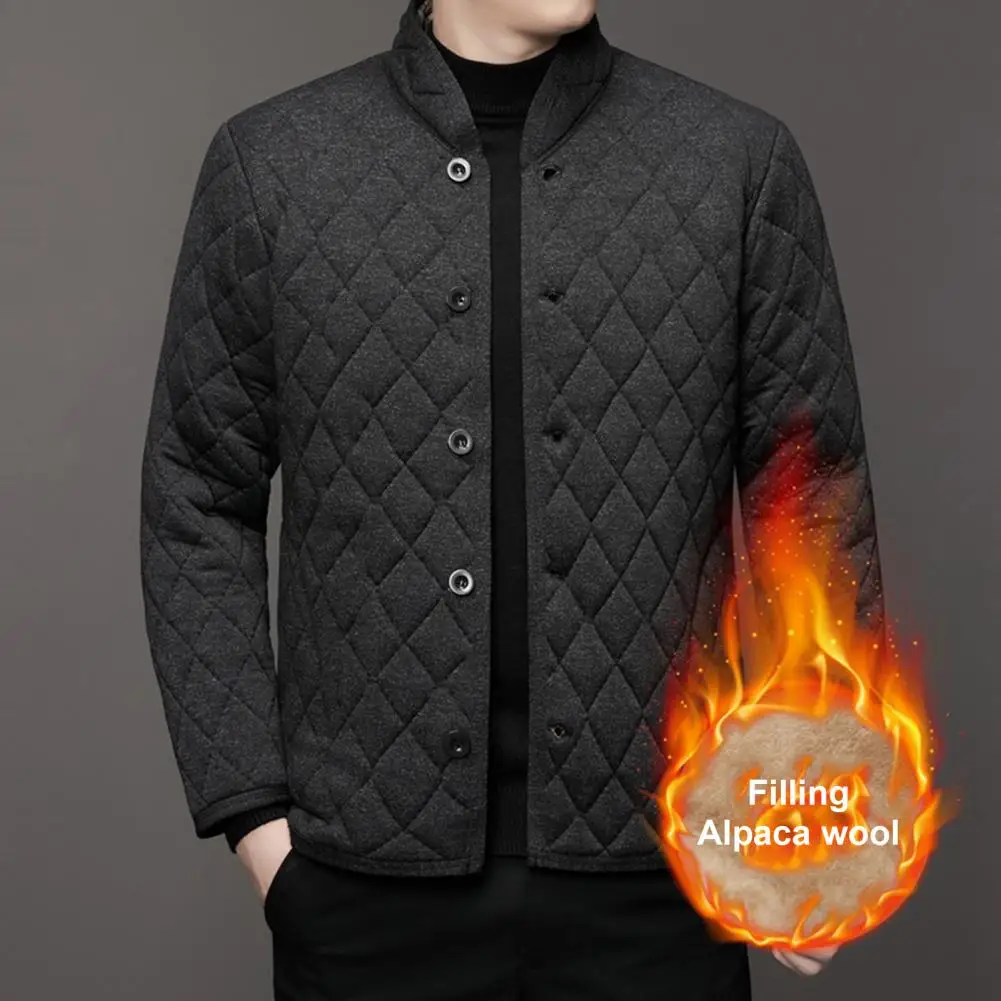 Cold-proof Jacket Men Single-breasted Coat Thickened Cotton Jacket with Stand Collar Quilted Padded Coat for Men Warm Winter