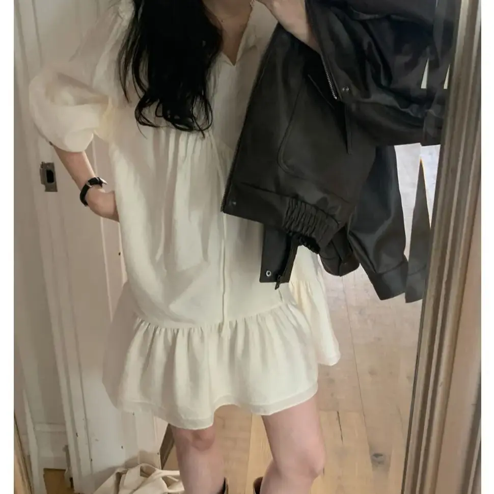 Estilo coreano doce solto renda com decote em v gravata arco babydoll manga bolha vestido para meninas, verão nova chegada