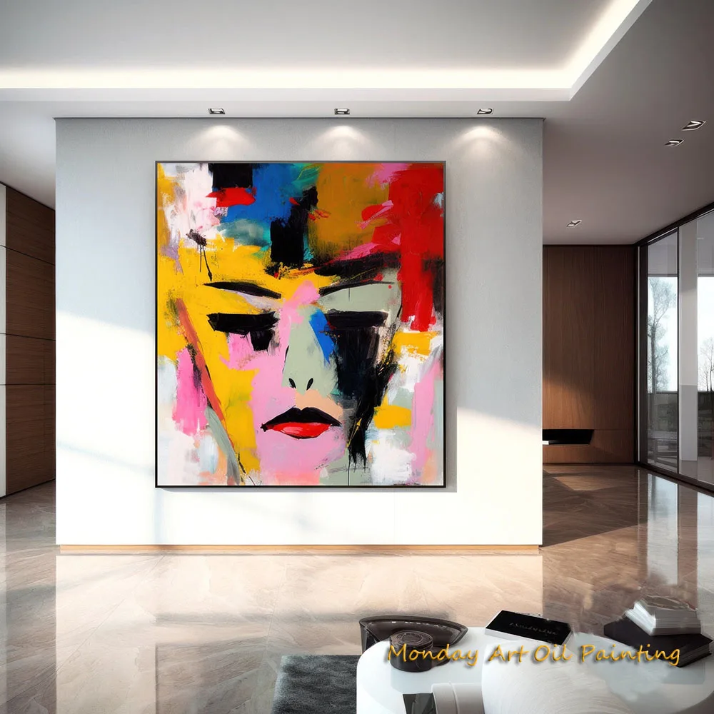 Colorful Face Hand Painted Abstract Oil Painting Figurative Wall Art  Living Room Yellow And Red Face Decor Fedex Shipping Cost