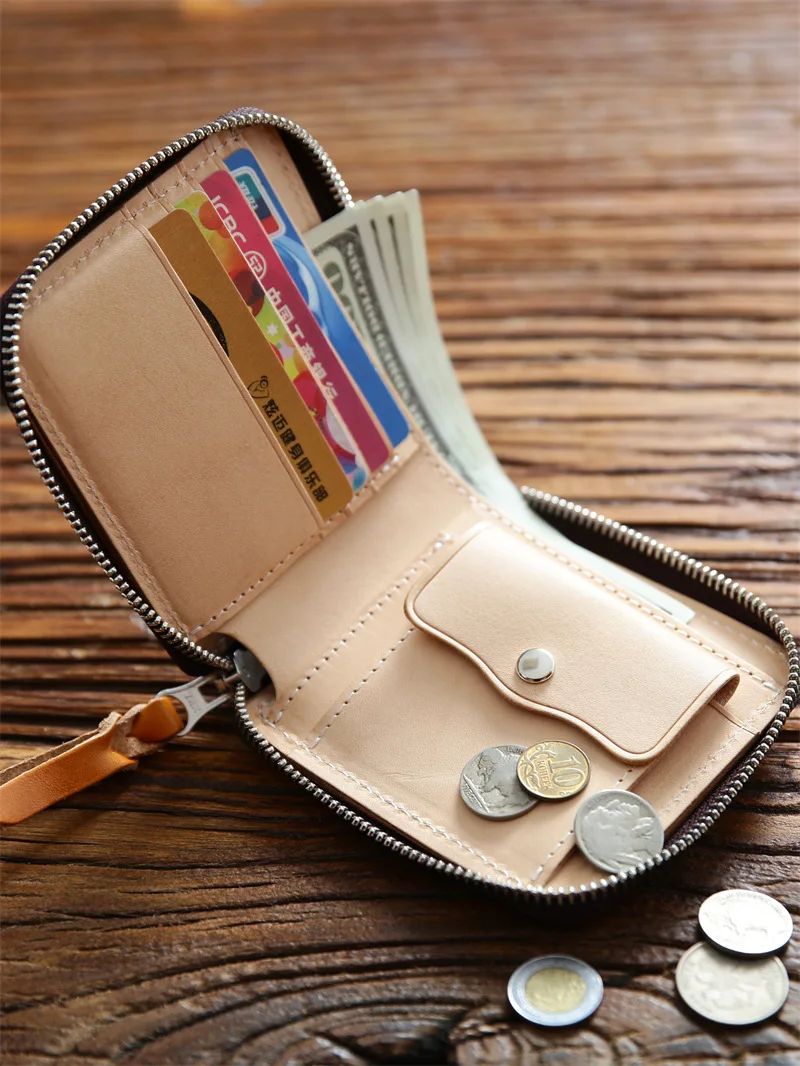 

2025 Новый мужской кошелек в стиле ретро на молнии, многофункциональная сумка для карт, короткий кошелек из воловьей кожи с верхним слоем, кошелек из натуральной кожи для мужчин 45