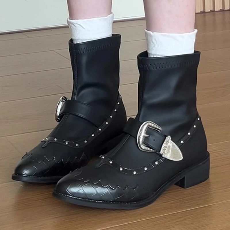 

Punk-Style Rivet Ankle Boots for Women Fashion Pointed-Toe Narrow Band Buckle Platform Boots Cozy Stretch Boot Zapatos De Mujere