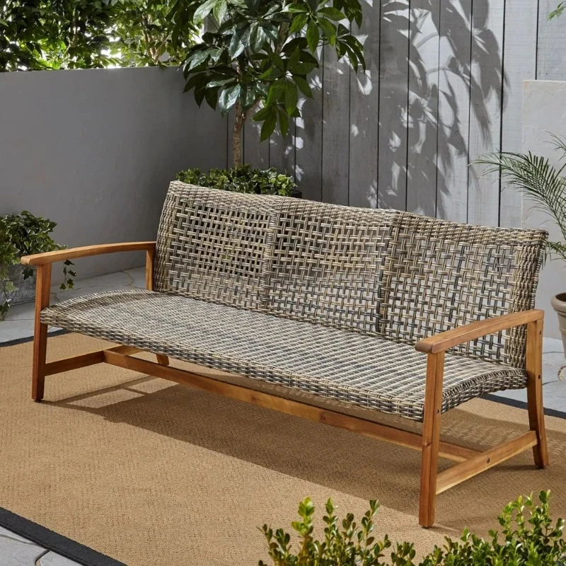 Outdoor Wood Sofa, Wicker, 75.50 x 31.00 x 31.50, Gray, Natural Stained Finish