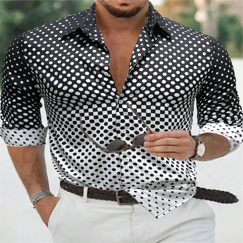 Fashion men's shirt 3D geometric gradient polka dot print men's casual button long sleeved shirt men's spring summer autumn top