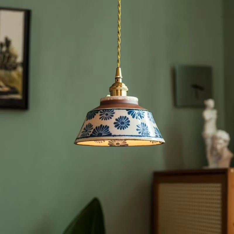 Mid Ancient Style Ceramic Flower Pendant Light Retro Bar Counter Restaurant Droplight Foyer Corridor Bedside LED Hanging Light