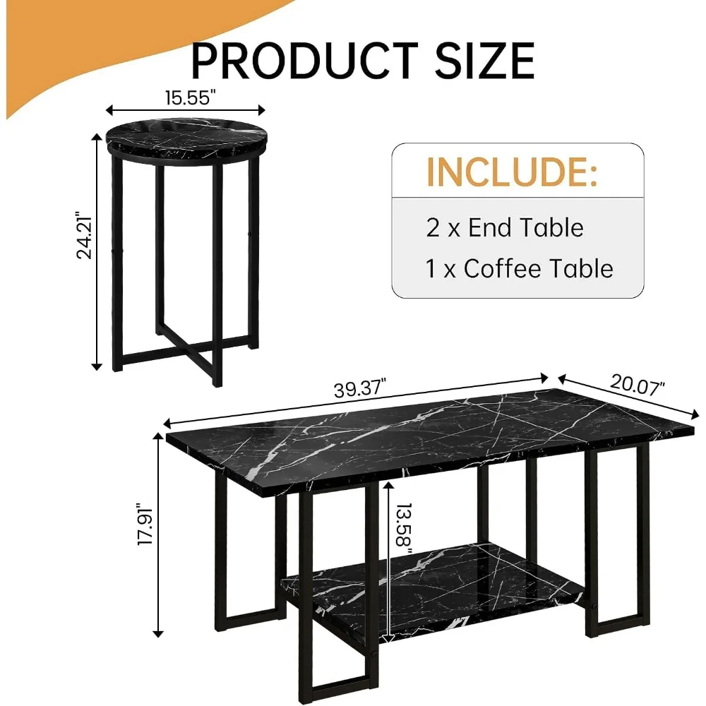 3-Piece Living Room Table Set: Faux Marble Coffee Table and 2 Round End Tables with Metal Frame