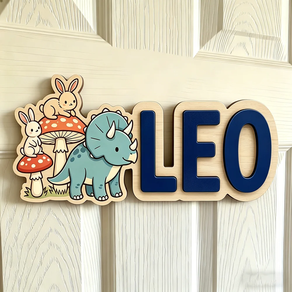 Custom Woodland Triceratops & Bunnies Name Sign for The Dearest Baby, Mushroom Nursery Wooden Door Plaque